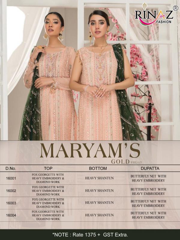 Rinaz Maryam's Gold 15 Fancy Georgette Pakistani Salwar 